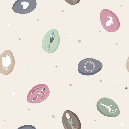 Vintage Easter eggs with spring flowers and symbols. Spring seamless pattern, pastel background, doodle vector illustration.のイラスト素材
