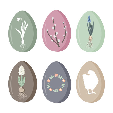 Set of vintage Easter eggs with floral elements and hen silhouette. Vector illustration.のイラスト素材