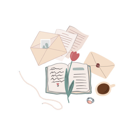Old letters, coffee mug, vintage jewellery, diary and a red tulip flower isolated on white. Vector illustration. Memories concept.のイラスト素材