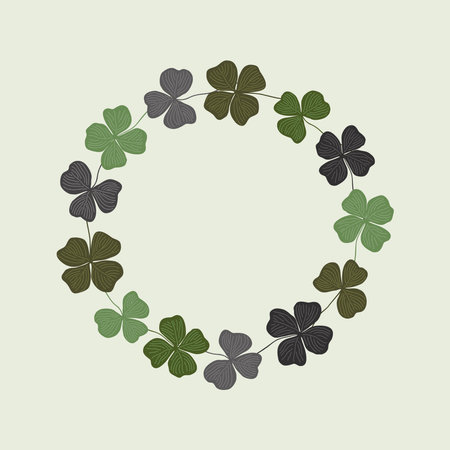 Clover wreath. Round frame of hand drawn clover leaves. St. Patrick day background. Vector flat illustration.のイラスト素材