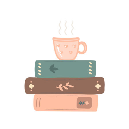 Cup of hot drink standing on pile of vintage books. Reading, hygge, and fairy evening concept, vector illustration isolated on white.のイラスト素材