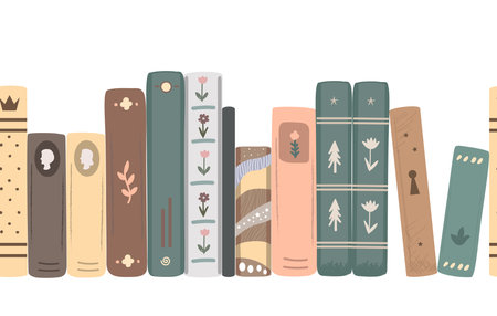 Seamless border of vintage novel and fairy tales books. Standing books composition isolated on white background. Home library. Vector illustrationのイラスト素材
