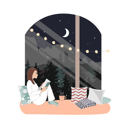 Young woman reading book in the window at night. Drinking tea and reading in the city, cartoon vector illustrationのイラスト素材