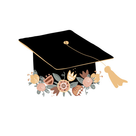 Cute graduation cap decorated with doodle flower wreath. Mortarboard, high education and graduation symbol. Vector isolated illustrationのイラスト素材