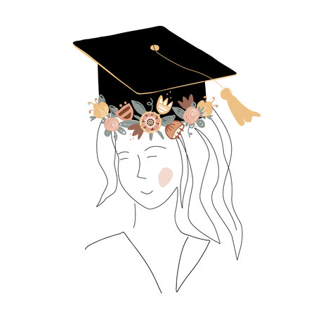 Cute girl silhouette in graduation cap decorated with doodle flower wreath. Happy graduate student. Scandinavian and continuous line style. Vector isolated illustrationのイラスト素材