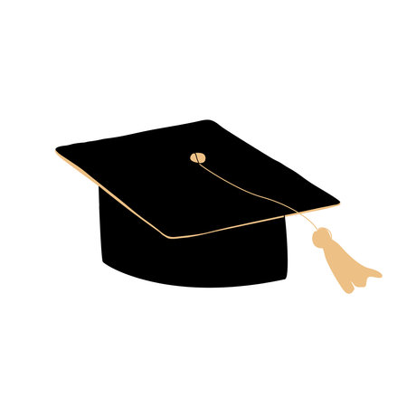 Graduate student hat with a golden tassel. Doodle icon. High education and graduation symbol. Vector isolated illustrationのイラスト素材