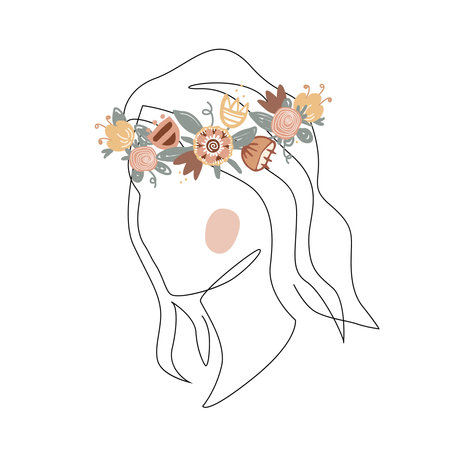 Trendy woman face fashion illustration in one line art style. Continuous art modern vector illustration with face silhouette and floral wreath on white background.のイラスト素材