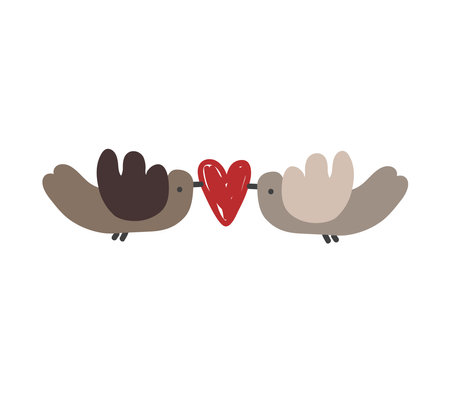 Two doodle cute birds holding a heart. Engagement, wedding invitation, Valentine day concept. Vector isolated illustration.のイラスト素材