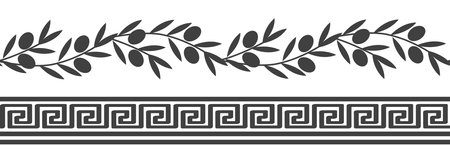 Seamless pattern with Roman ornament and olive branches. Vector decorative border for wall decor, olive oil packaging, tiles, cardsのイラスト素材