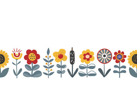 Cute hand drawn flowers seamless pattern. Beautiful flowerbed border in Scandinavian or Ukrainian style. Design for textile, greetings, wallpapers tiles, cards. Vector illustration.のイラスト素材