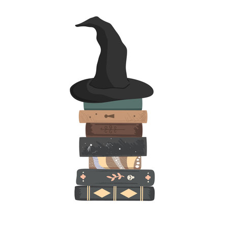 Pile of magic books with a witch hat on the top. Design element of wizard school or home interior, vector illustration.のイラスト素材