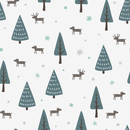 Christmas seamless pattern with deer, trees and snowflakes on white background. Vector illustration.のイラスト素材
