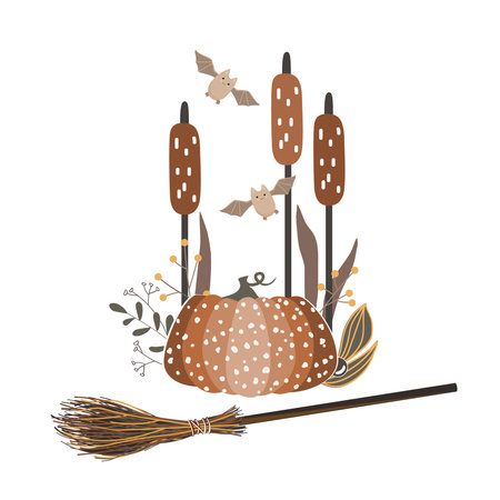Autumn Halloween composition with a pumpkin, pumpkin, cane, and a broomstick. Vector isolated illustration.のイラスト素材
