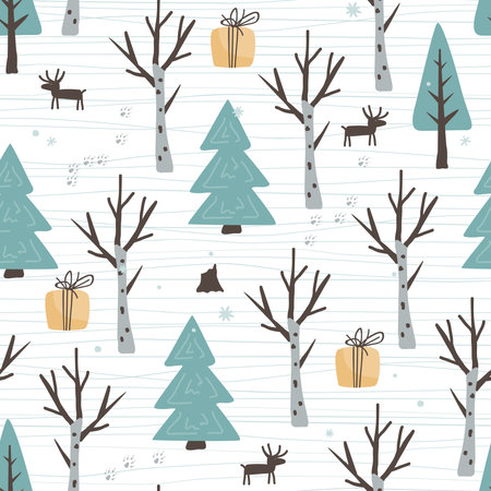 Winter seamless pattern with doodle hand drawn birch and fir trees forest, gift boxes, fox and deer. Cartoon flat Scandinavian style, design textile fabric, wrapping paper, wallpaper, kids. Vectorのイラスト素材