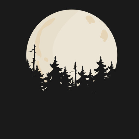 Vector night background with trees and full moon. Forest landscape illustration, place for textのイラスト素材