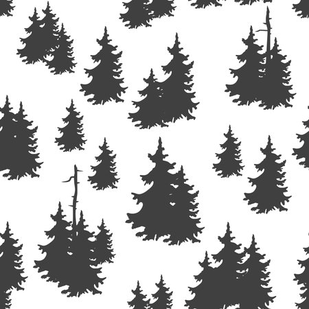 Black fir-trees silhouettes. Wild hand drawn forest. Seamless vector graphic patternのイラスト素材