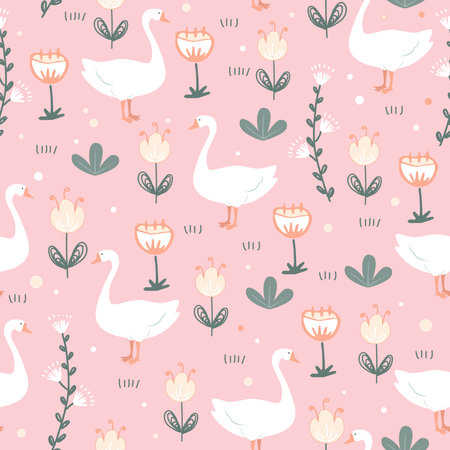 Cute seamless pattern with goose and doodle meadow flowers on pink background. Vector illustration.のイラスト素材