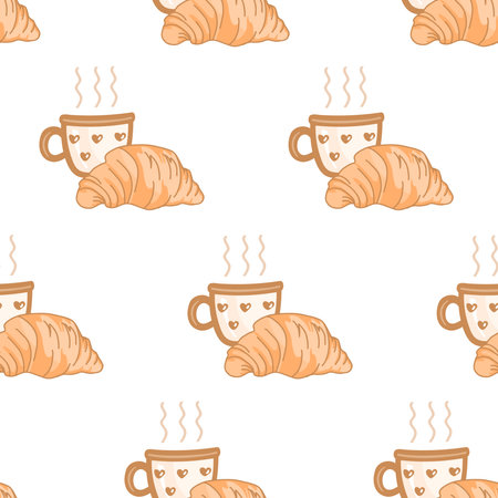 Seamless pattern with cute croissants and coffee mugs. Coffee time background. Vector illustration.のイラスト素材