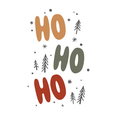 Happy New Year greeting card with ho ho ho lettering, snow, and Xmas trees. Merry Christmas cute design isolated on white background. Winter holiday vector illustration.のイラスト素材