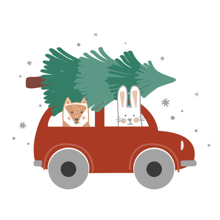 Red car with Christmas tree on the roof and cute fox and bunny. Winter print in cartoon style with funny characters. Vector isolated illustration.のイラスト素材