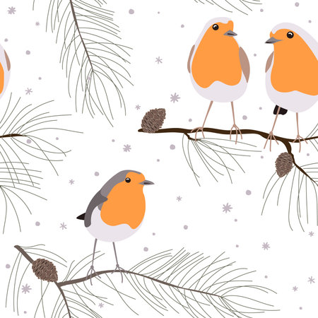 European robin bird sitting on pine branches seamless pattern, vector illustration. Christmas backgroundのイラスト素材