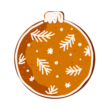Christmas gingerbread ball cookie with floral icing decoration. Xmas pastry isolated on white background, vector illustration.のイラスト素材