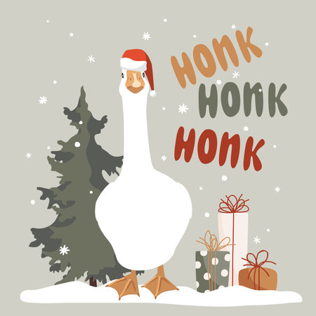White goose in Santa Claus helper hat, gift boxes, and honk-honk-honk lettering isolated design element. Funny and cute goose full length vector illustration.のイラスト素材