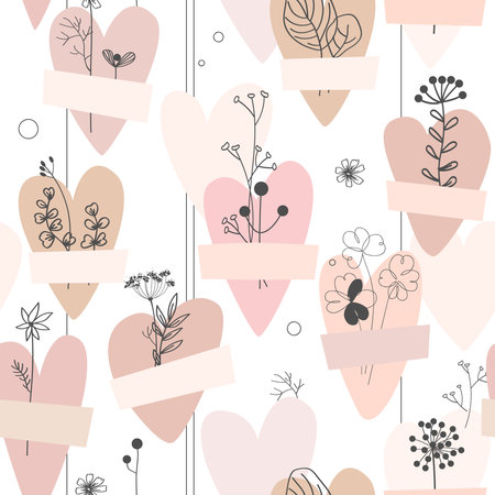 Taped hearts with dried plants seamless pattern on white background. Healed heart and love concept. Vector illustrationのイラスト素材