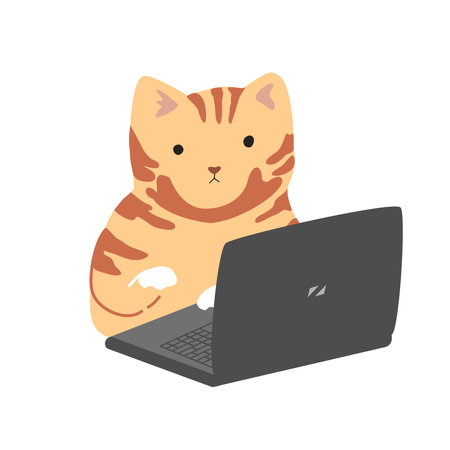 Funny cute cat is working at a laptop. IT engineer symbol, programmer sticker for cards and t-shirts. Isolated vector illustrationのイラスト素材