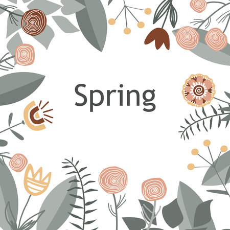 Floral doodle flower frame for Wedding, anniversary, birthday and party. Spring or Summer background for banner, poster, card, invitation and scrapbook. Vector illustration.のイラスト素材