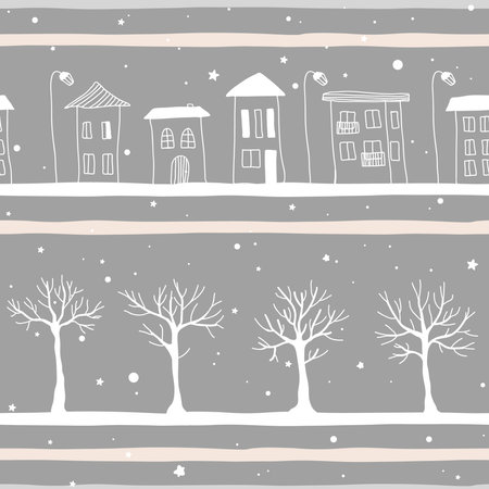 Seamless pattern of doodle hand drawn trees and houses. City streets. Great for fabric, textile, vector illustration.のイラスト素材