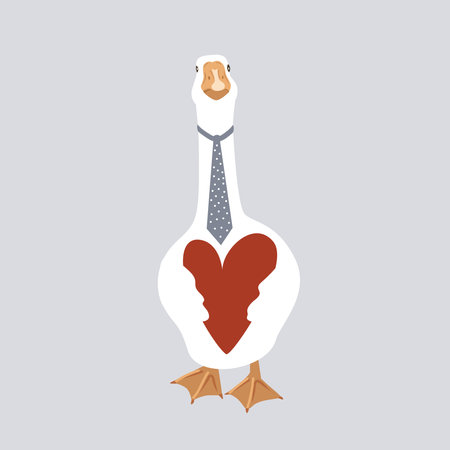 Cute goose holding a big red heart. Bird in love, Valentine design element isolated on white. Vector illustration.のイラスト素材