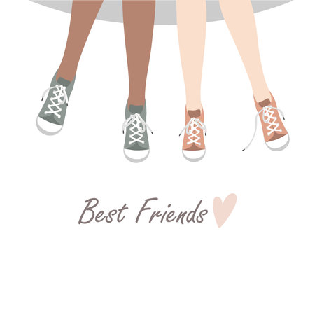 Girl friends swinging legs in sneakers shoes. Vector illustration isolated on white backgroundのイラスト素材