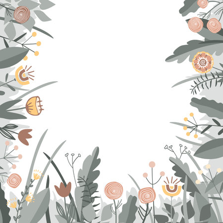 Floral doodle grass and flowers frame. Spring or Summer background for banner, poster, card, invitation and scrapbook. Vector illustration.のイラスト素材