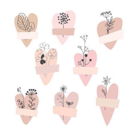 Heart collection taped with dried plants isolated on white background. Healed heart concept. Vector illustration setのイラスト素材
