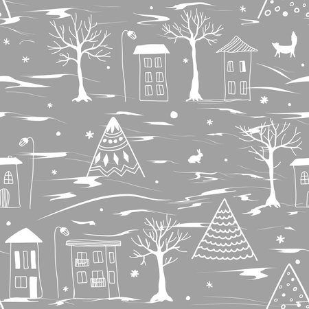 Seamless pattern of doodle hand drawn trees and houses in snowstorm. City landscape. Great for fabric, textile, vector illustrationのイラスト素材