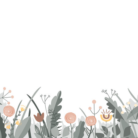 Fairy flowers border in Scandinavian folk style, seamless vector pattern. Doodle flower meadow background. Design for cards, wallpaper, craft packaging.のイラスト素材