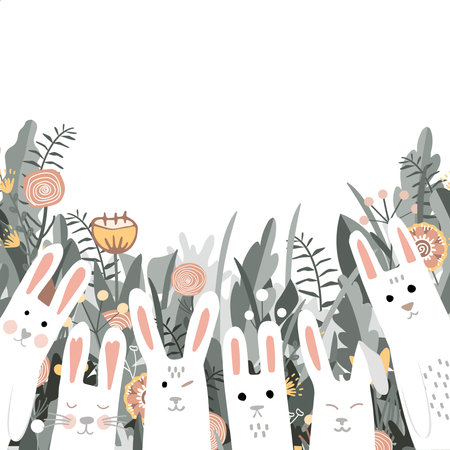 Cute rabbits looking out of the grass. Funny Easter bunny vector background. Spring Templateのイラスト素材