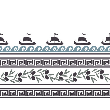 Seamless pattern with olive branches, waves, ships, and Greek symbols. Rich ancient stylized ornament, vector illustrationのイラスト素材