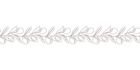 Olive branches and fruits seamless border pattern, continuous line drawing. Hand drawn floral background, vector illustration.のイラスト素材