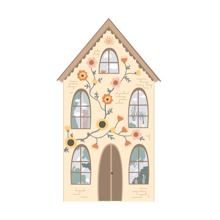 Cute house decorated with doodle flowers isolated on white background. Vector tiny house front view with big windows and painted with greenery and flowersのイラスト素材