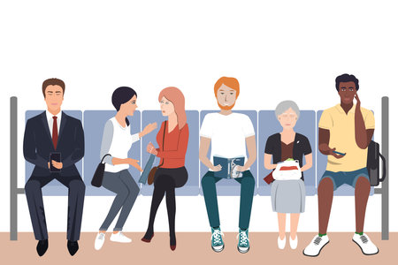 People are sitting in the subway. Cartoon characters. Men and women go to work and study. Vector isolated illustrationのイラスト素材