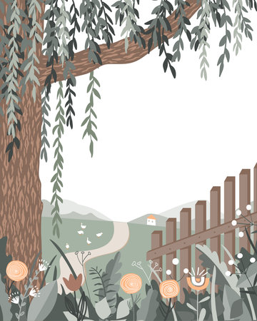 Cute rustic landscape with wooden fence, old willow tree, road, and flowers. Village country side, vector illustration.のイラスト素材