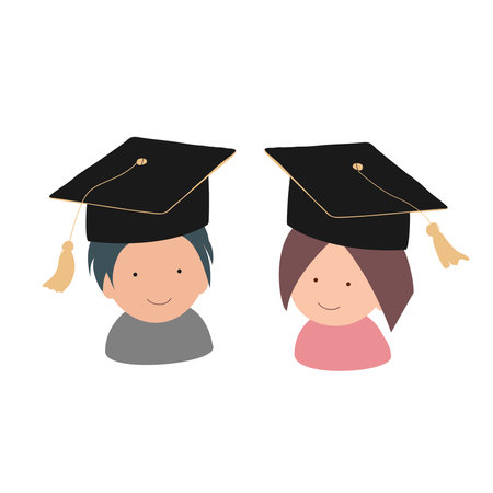 Happy cute little kids graduate from preschool. Smiling kindergarten boy and girl in graduate hats. Vector icon.のイラスト素材