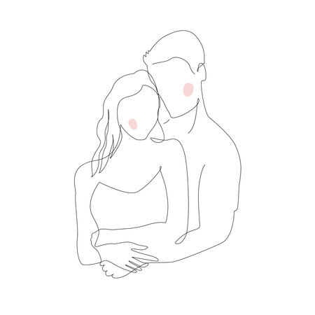Continuous single line sketch drawing of romantic couple hugging together with love. One line art of embracing valentine couple romance concept vector illustration.のイラスト素材