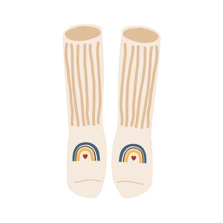 Knitted beige socks with cute rainbows. Vector isolated illustrationのイラスト素材
