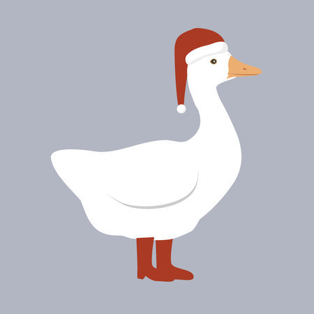 Cute funny cartoon goose in Santa Claus hat and red boots. Merry Christmas character vector illustration. Vector isolated illustration.のイラスト素材