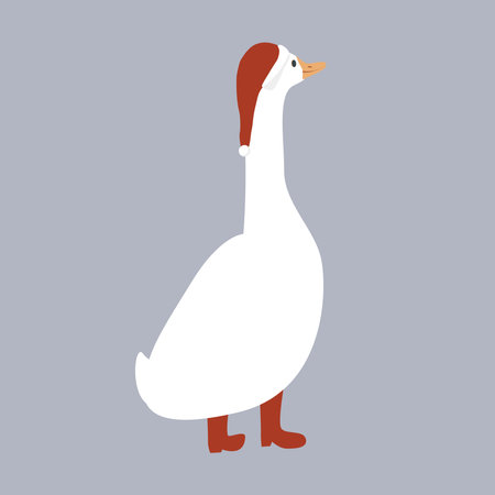 Cute funny cartoon goose in Santa Claus hat and red boots. Merry Christmas character vector illustration. Vector isolated illustration.のイラスト素材