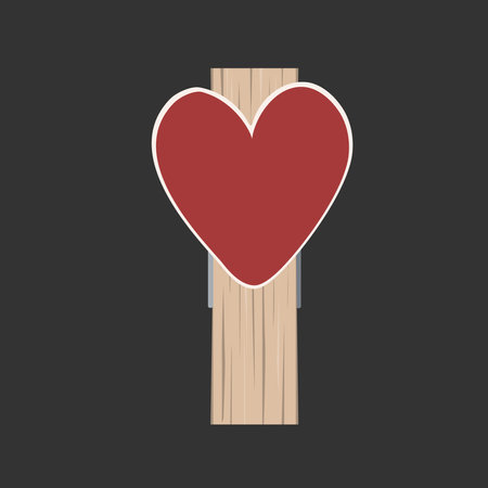 Small Wooden Clothes Peg decorated with cute heart. Isolated design element for Love and Romantic pins. Vector illustration of Clothespinのイラスト素材
