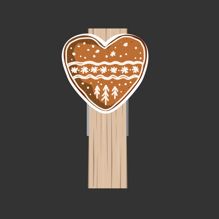 Small Wooden Clothes Peg decorated with gingerbread heart cookie. Isolated design element for Winter pins. Vector illustration of Clothespinのイラスト素材